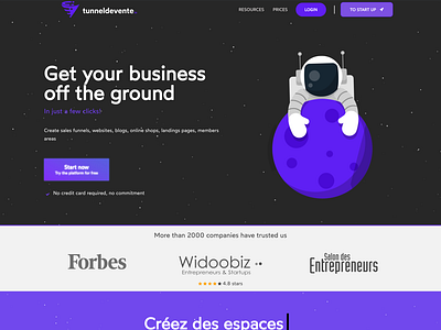 Home page of the SAAS Tunneldevente.io