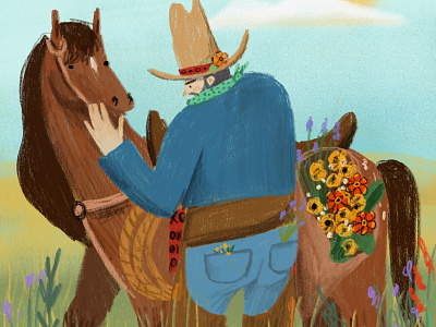 Cowboy Collecting Flowers cowboy drawing horse western