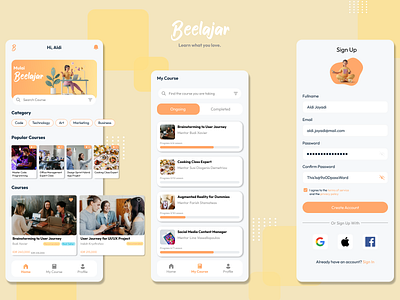 Beelajar Online Course App Design 3d android app branding design e learning education flat graphic design illustration learning minimal mobile mobile design online class online course ui ux vector web design