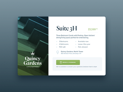 Quincy Gardens apartment booking card interface luxury ui ux