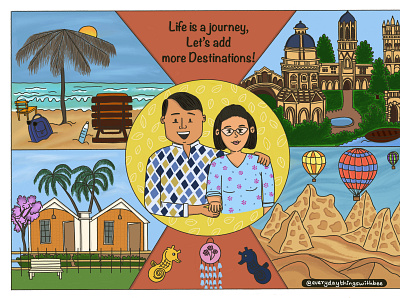 Couple Illustration for Anniversary anniversary anniversarygifts cappadocia character design couple couple illustration design destination goa hotairballoon illustration india london oxford travel traveling turkey university varanasi wanderlust