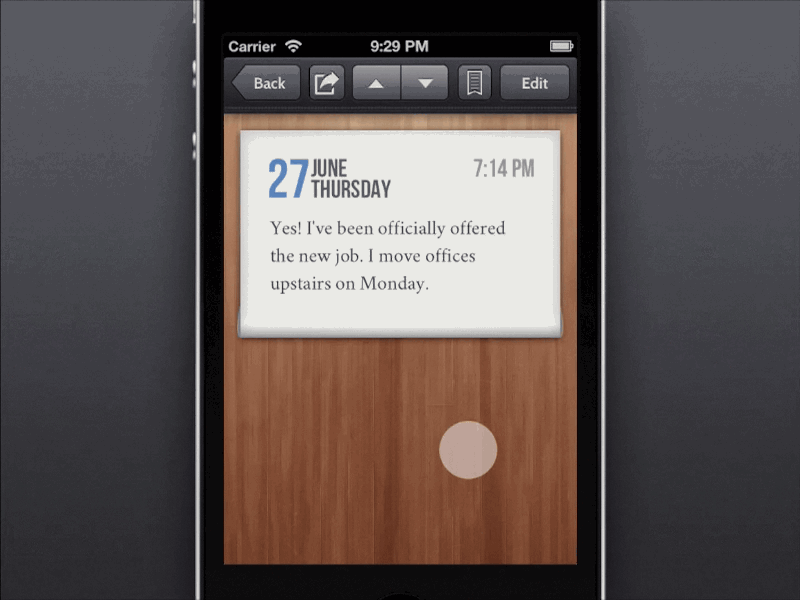 'Skip to next entry' animation animated animation app gesture ios iphone paper skeuomorphism wood