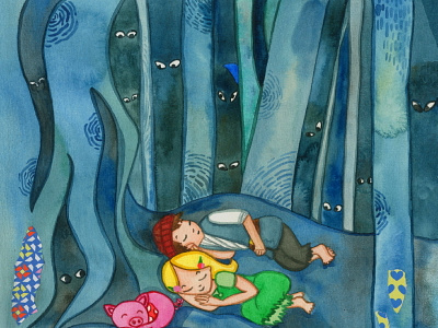 Hansel and Gretel Sleeping book illustration dark eyes fairytale forest hansel and gretel pig scary