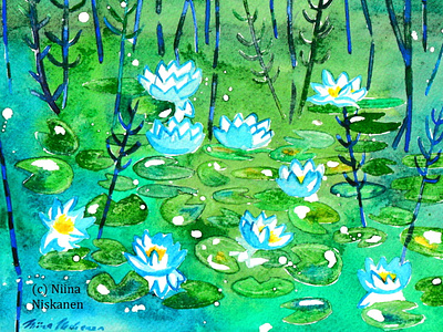Water Lilies illustration landscape painting summer waterlilies