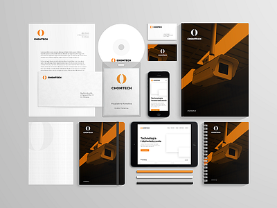 Chomtech stationery branding cards catalogue identity logo logotype mobile signage stationery