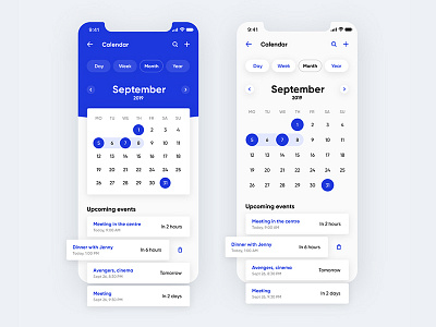 Calendar app blue calendar interaction interface iphone x mobile ui design ux design