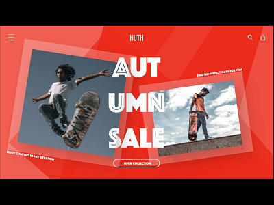 Homepage HUTH shop clothes design ecommerce homepage icons jeans layout menu red shop skate skateboard store ui webdesign