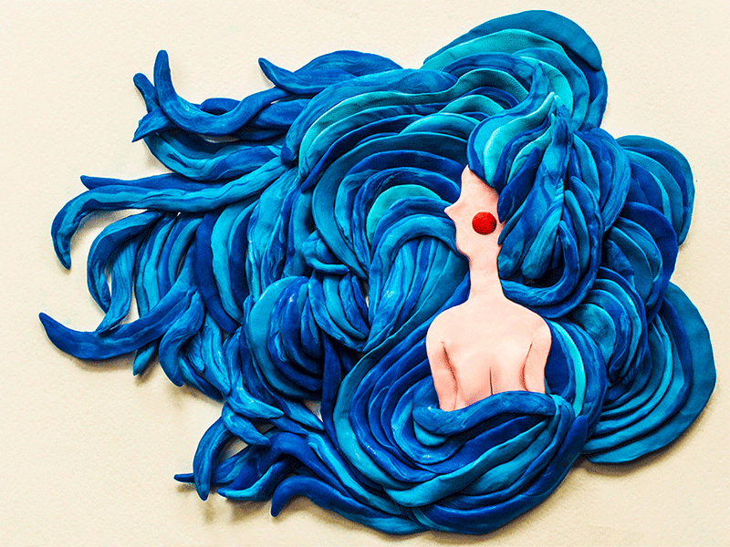 Illustration for article "My mother made me beautiful" beauty blue clay girl hair modeling nouamagazine plasticine