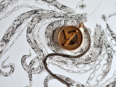 Octonav compass floral marine navigation octopus sketch