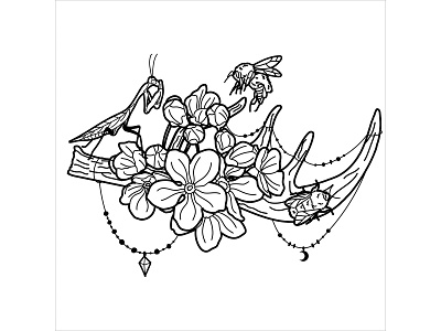 Spring animal blackandwhite bug design flowers illustration linework tattoo