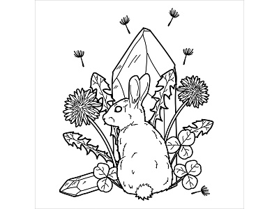 Rabbit animal blackandwhite clover crystal dandelion design flowers illustration linework rabbit tattoo