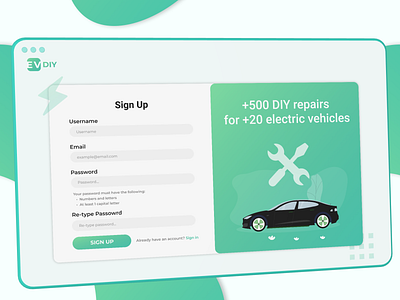 Sign up page for EV DIY repair design ui ux web