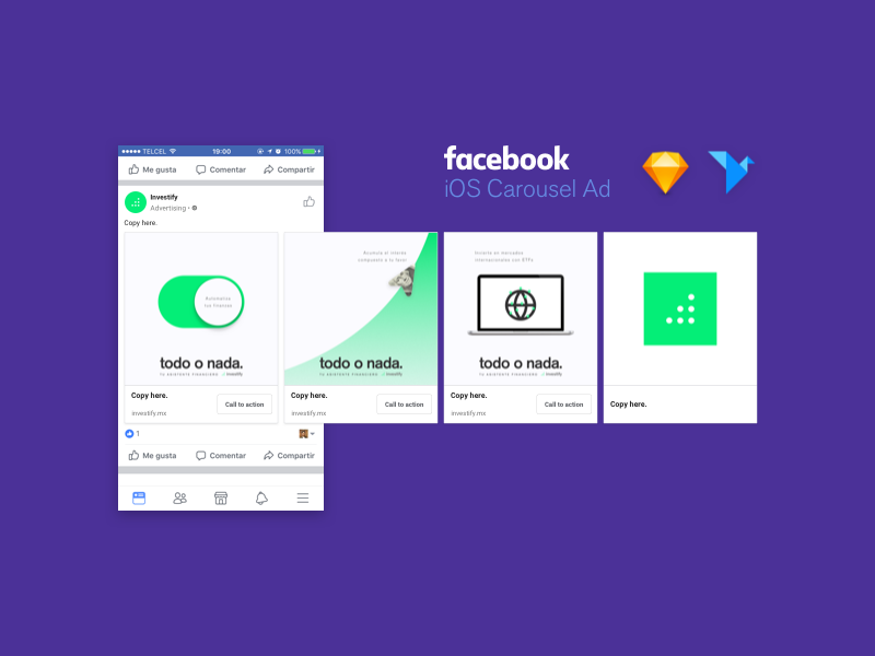 Download iOS Facebook Carousel Ad Mockup by Raúl Mono for Investify on Dribbble