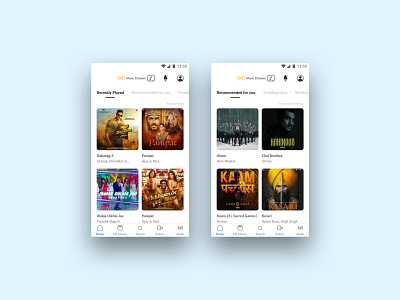 Hungama Music App Screens artists bollywood genre home icon iconography library movie music music app navigation notification picture profile radio recently played recommended songs thumbnail video