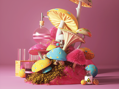 Mushrooms 3d abstract acid ad c4d cover illustration mushrooms print render
