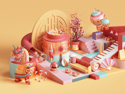 Apple Chinese New Year 3d abstract adobe animation apple branding c4d cgi cinema4d colors commercial design geometric geometry illustration ios motion render set ui