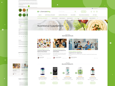 MyFairTrade — blog about health and nutritional supplements article blog blog site e commerce food website green green theme health health blog health website landing nutrition nutritional supplements one article page online store product line search improvement