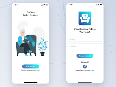 Furniture e-commerce ios Mobile App-walkthrough & signup/Login adobexd chair figma furniture furnitureapp ikea inspiration interior ios login mobileapp moodboard onboard register signin signup sofa table ui walkthrough