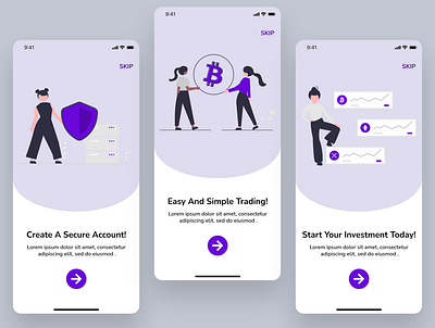 Trading/ Investment App Design in Adobe XD - Walkthrough adobexd app design bitcoin branding design figma inspiration intro investment ios mobile app moodboard onboarding onboarding screens onboarding ui popular trading ui walkthrough walkthrough screen