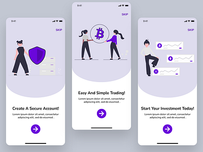 Trading/ Investment App Design in Adobe XD - Walkthrough adobexd app design bitcoin branding design figma inspiration intro investment ios mobile app moodboard onboarding onboarding screens onboarding ui popular trading ui walkthrough walkthrough screen