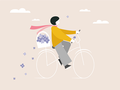 Girl on a bicycle with lilac basket, flat charachter personage