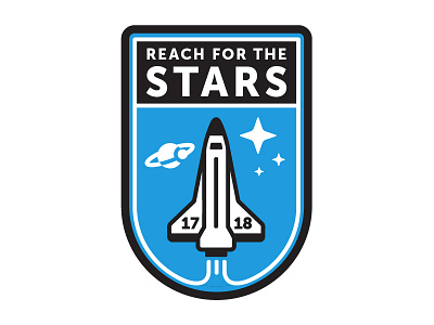 Reach for the Stars Theme Logo [COLOR] badge black blue logo saturn space space shuttle stars type white