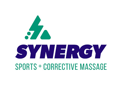 Synergy Sports + Corrective Massage Logo blue bold circle condensed green italic lightning bolts logo logotype mark san serif sports triangle