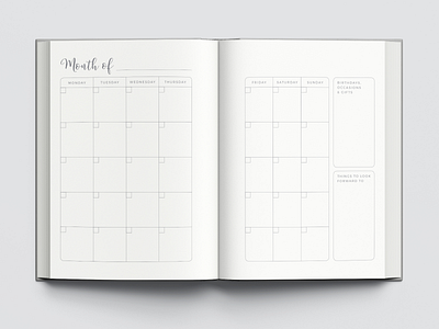 Monthly diary spread design for yearly planner bullet journaling diary journal layout design page layout planner print design typography