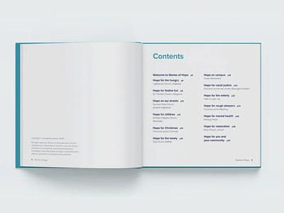 Contents page for book design for Stories of Hope book design book designer layout design page layout print design typesetting typography