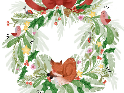 Merry Christmas Wreath Design Card Licensing Design Floral birds christmas christmas card floral fox gift card design illustration playful whimsical wreath