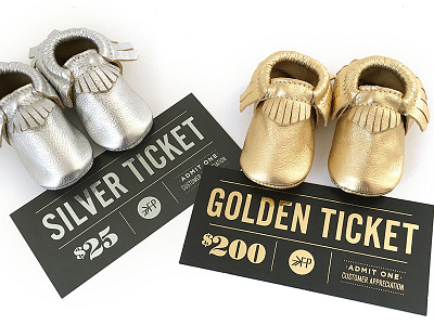 Gold & Silver Ticket Design baby foil giveaway gold moccasins silver tickets