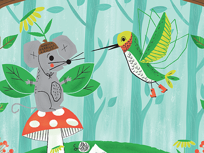 Learning to fly childrens illustration flowers hummingbird mouse mushroom trees