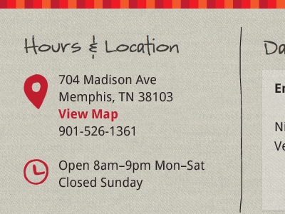 Hours & Location illustration typography website web design linen red orange icons