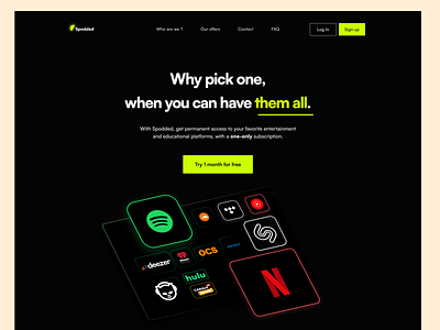 Spodded - Landing Page 3d branding content content providing platform daily ui dark ui design figma graphic design illustration landing page streaming platform ui ui design ux vector website