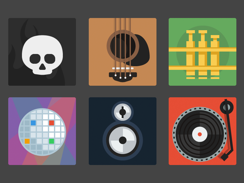 Music Icons skull guitar trumpet mirrorball speaker turntable music icons illustrator