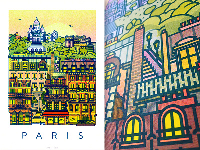 Paris Riso Poster building city france illustration paris poster printing riso sunset