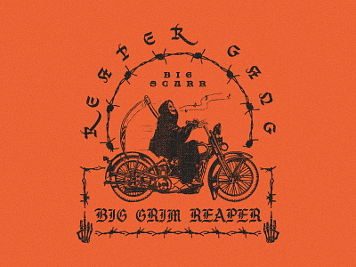 Big Scarr - Reaper Gang Crewneck 1017 records apparel big scarr blackletter collage crewneck design grim reaper gucci mane hip hop merch modern orange rap reaper reaper gang shirt skeleton texture vintage