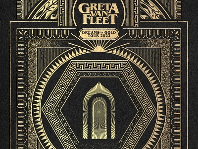 Greta Van Fleet - Dreams In Gold Tour Poster art deco collage dark design engraving foil frame gig poster gold greek greta van fleet illustration intricate merch modern poster retro rock roman vintage