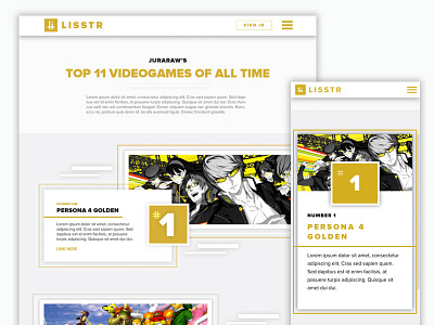 Lisstr Site Design (Shot #1) design gold golden lisstr list listing persona rank user videogames website