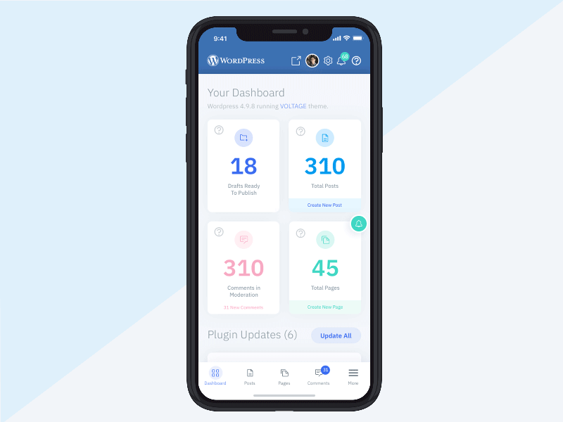 Wordpress Dashboard Redesign (Mobile App) app carbon clean dashboard dashboard ui gif animation gif. ibm icons ios mobile modern notifications plugin redesign ui ui ux unsolicited ux design wordpress