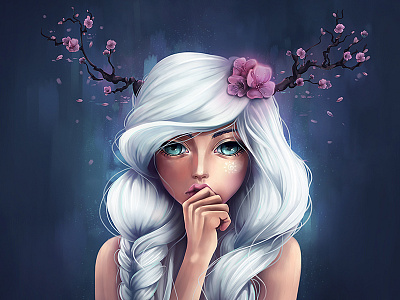 White-haired girl branches cherry blossoms fantasy flowers girl portrait