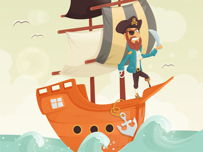 Pirate anchor character design illustration parrot pirate sailboat sea ship sword vector wave