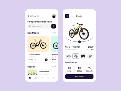 E-Bike Store Mobile App bicycle bike ride bike sharing clean design e bike ebike ebike app ebike store ecommerce app electric bicycle electric bike mobile app motorbike product app rental riding srsoumik uiux