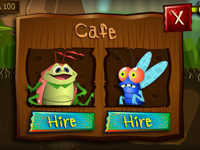 Hire Dialog app bugs buttons cartoon color cute design games graphic hud illustration iphone texture ui wood