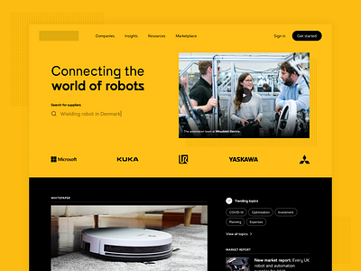 Landing page for a digital robot hub articles globe logos marketplace robot robotics