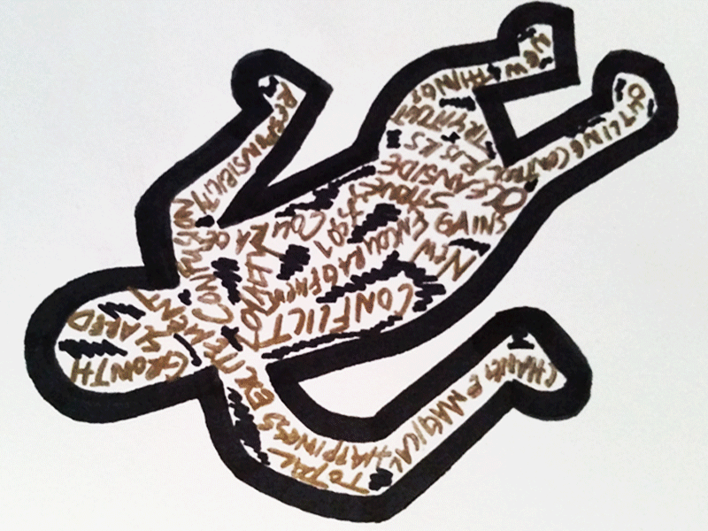 Inner Struggle with Thoughts black doodle drawing gold keith haring quick sharpie struggle typography