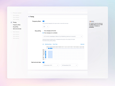 Campaign form section "Timing" ⌛ analytic calendar campaign form day picker edit form panel product product design saas settings ux uxui