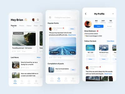 Travel Social App design product home instagram journey mobile mountain nature photos profile route sea social app socila media super app travel travel app trip white