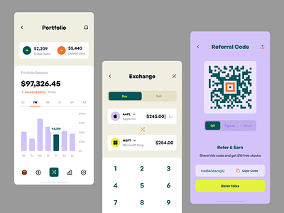Stock Trading App analysis app buy chart crypto finance funds graph invest investing mobile mobile bank numbers portfolio product design qr sell stock swap trending