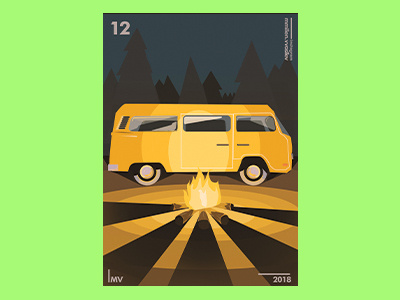 Midnight chill 90s art bulgaria bus camp campfire classic design fire forest friends illustration lights poster van vw wood yellow